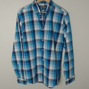 Express Modern Fit Blue And White Plaid Shirt